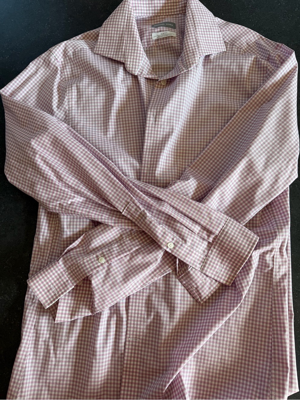 Michael Kors Men’s Slim Fit Airsoft Stretch Pink Gray Check Dress Shirt 16 34/35